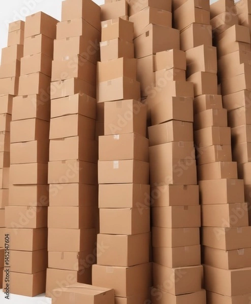 Fototapeta Neat stack of brown cardboard boxes on white background , boxes, texture