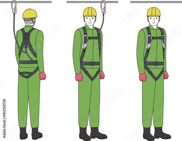 Obraz 墜落防止のフルハーネスとランヤードをつけた現場工事作業員