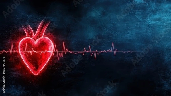 Obraz Electric Heart with Heartbeat Pulse in Neon Glow Against Dark Abstract Background