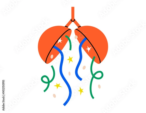 Obraz Hand drawn cute cartoon illustration of confetti ball. Flat vector sphere with ribbon decoration sticker doodle. Party or festival concept icon. Carnival surprise balloon. Celebration event. Isolated.