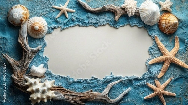 Obraz Seashells, starfish, driftwood frame blank space.