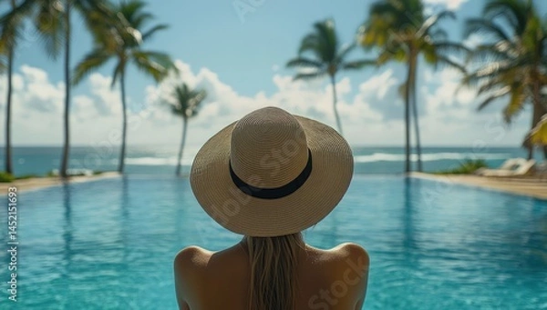 Obraz Relaxed woman by a pool overlooking the ocean