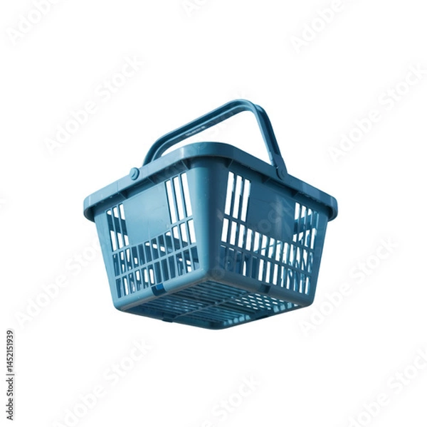 Fototapeta A light blue plastic shopping basket with a handle isolated on a black background in a studio shot