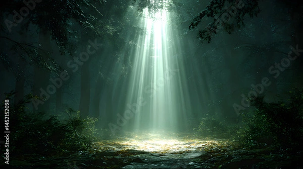 Fototapeta Ethereal luminescence illuminates a misty forested glade where light beams dance amidst shadowed trees