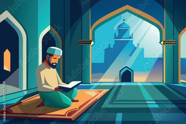 Obraz Peaceful Islamic setting with a man reading Quran indoors, light shining through mosque windows in a serene, spiritual environment