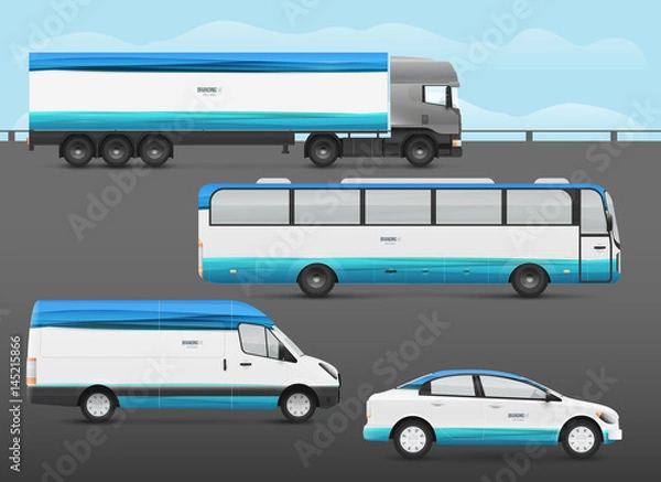 Fototapeta Design branding vehicles for advertising and corporate identity. Mock up for transport. Passenger car, bus and van. Graphics elements with paper art waves.