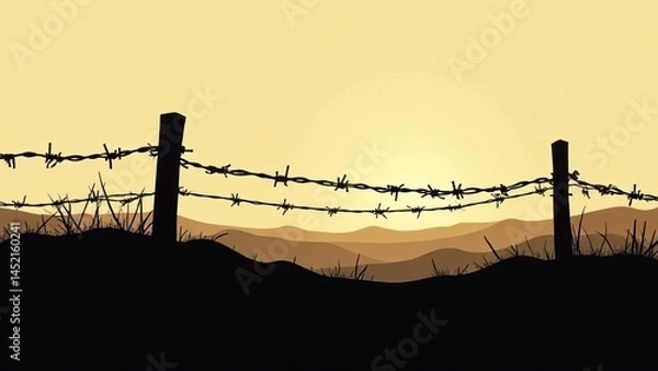Obraz Silhouette of barbed wire and wooden stake on the ground. War and prison element landscape background