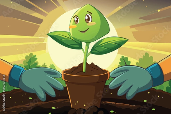 Obraz Gardener planting young seedling in the soil with gloves on, representing environmental sustainability and growth under the golden sun