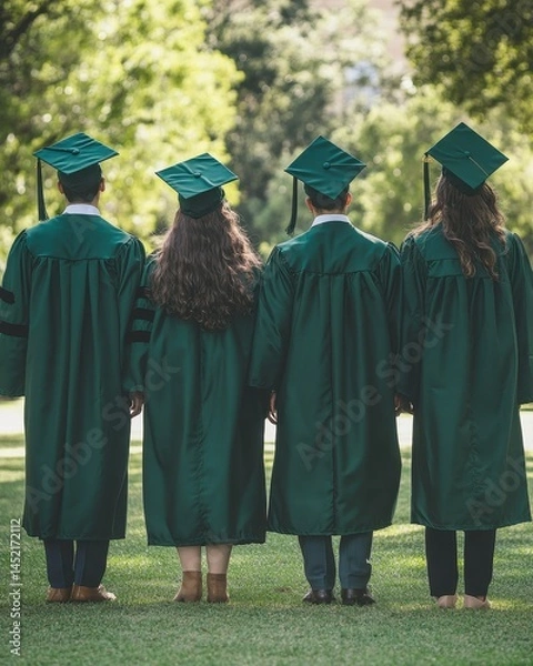 Fototapeta Celebrating achievement with friends in dark green graduation gowns on a sunny day in a natural setting