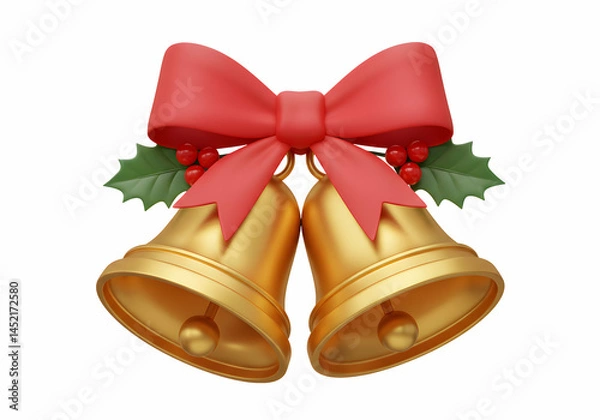 Obraz A christmas decoration featuring two golden bells with a red bow and holly berries on a white background