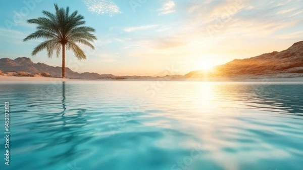 Fototapeta A serene sunset scene features calm waters reflecting warm hues, with a lone palm tree standing tall on the shore, capturing tranquility and the beauty of nature.