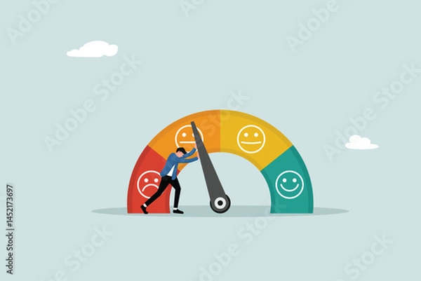 Fototapeta Push skill level, credit score or performance improvement, improvement or effort to improve, excellent customer feedback reviews, measurement scale rating concept, entrepreneur push skill performance
