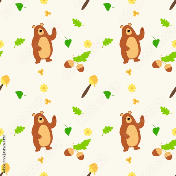 Obraz Seamless pattern with cartoon bear, wooden honey spoon, flowers, leaves and hand drawn honey flows. Flat vector illustration
