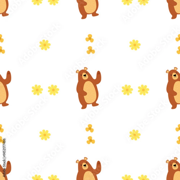 Obraz Seamless pattern with cartoon bear and cute hand drawn flowers. Flat vector illustration
