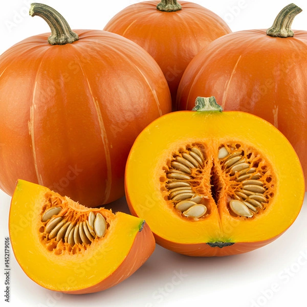Fototapeta A group of pumpkins with one cut in half and a slice showing seeds and pulp on a white background