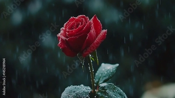 Obraz A Single Red Rose in the Rain: A Moment of Serene Beauty