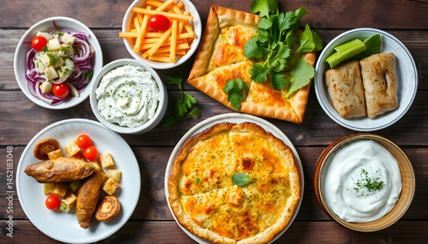 Fototapeta Selection of traditional greek food - salad, meze, pie, fish, tzatziki, dolma on wood background, top view, grunge. with white shades