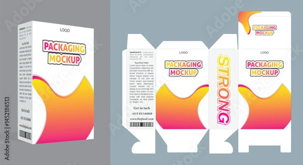 Obraz A modern packaging box template suitable for medical, pharmaceutical, or supplement products. Clean layout, editable text, and vibrant geometric design ensure premium brand visibility.
