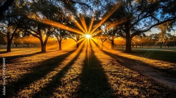 Obraz Sunbeams Through Trees at Dawn