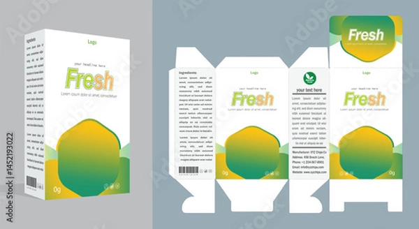 Obraz A modern packaging box template suitable for medical, pharmaceutical, or supplement products. Clean layout, editable text, and vibrant geometric design ensure premium brand visibility.