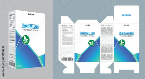 Obraz A modern packaging box template suitable for medical, pharmaceutical, or supplement products. Clean layout, editable text, and vibrant geometric design ensure premium brand visibility.