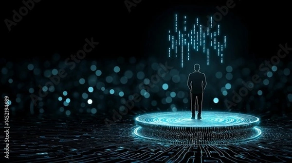 Fototapeta Podium stage motivation. A person stands on a glowing digital platform, surrounded by virtual data and futuristic lights in a high-tech environment.