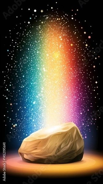 Fototapeta Podium stage motivation. A glowing stone emits a vibrant rainbow beam and sparkling stars in a magical, mystical atmosphere.