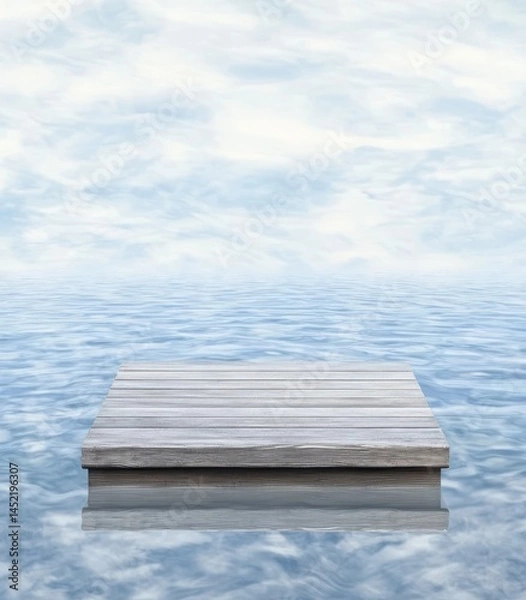 Fototapeta Podium stage motivation. A small wooden dock floats on calm, reflective water beneath a cloudy sky, creating a serene and peaceful atmosphere.