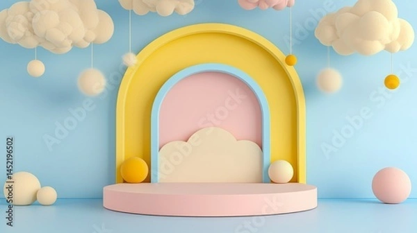 Fototapeta Podium stage motivation. Minimalist pastel stage with cloud decorations, round podium, and soft geometric shapes in a playful, dreamy setting.