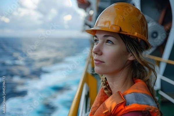 Fototapeta A woman in a hard hat stands on an industrial platform, looking out over the ocean. The sun sets on the horizon, casting warm light on the scene, highlighting her thoughtful expression