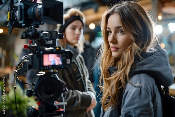 Fototapeta A young woman stands confidently near a camera setup, overseeing a creative video shoot. The bustling urban environment is filled with lights and energy, showcasing creativity at work