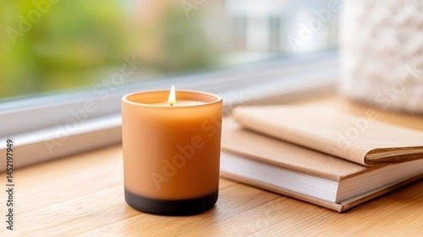 Fototapeta A lit cream-colored candle in a glass jar rests on a closed notebook by a bright window, creating a cozy and serene atmosphere, Mindful Product Photography.