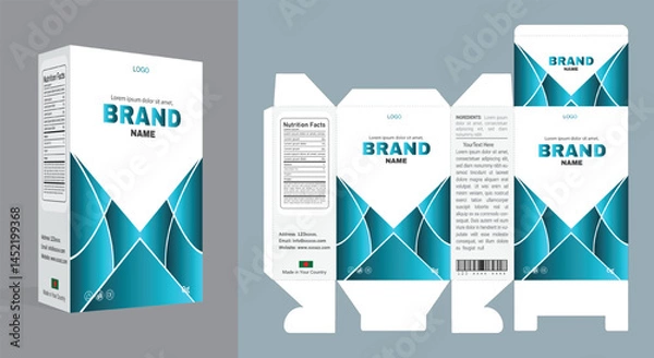 Obraz A modern packaging box template suitable for medical, pharmaceutical, or supplement products. Clean layout, editable text, and vibrant geometric design ensure premium brand visibility.