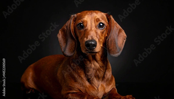 Fototapeta Curious dachshund poses on a dark background, showcasing its expressive eyes and shiny coat under soft lighting in a studio setting