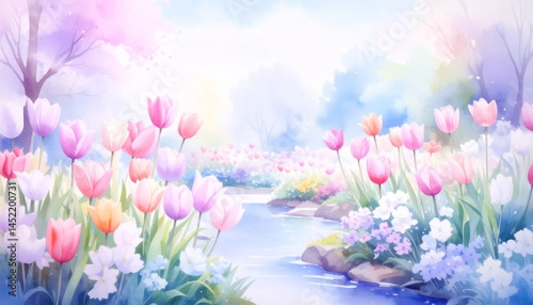 Fototapeta Vibrant spring landscape featuring colorful tulips and a gentle stream under a bright sky at midday