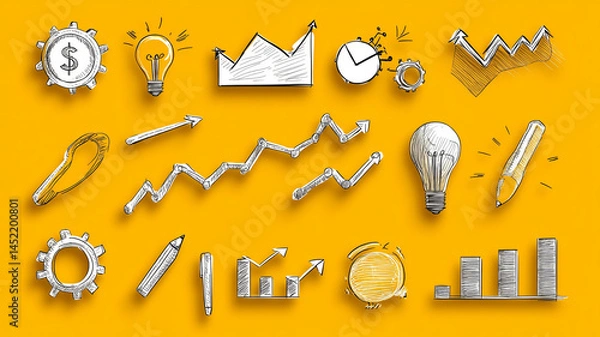 Fototapeta Hand drawn icons on yellow background depict business concepts like growth and innovation