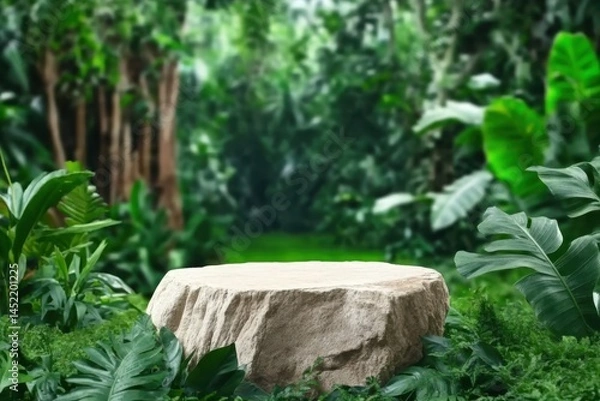 Fototapeta Stone tabletop podium floor in outdoors tropical garden forest blurred green leaf plant nature background. Natural product placement pedestal stand display,jungle paradise concept.