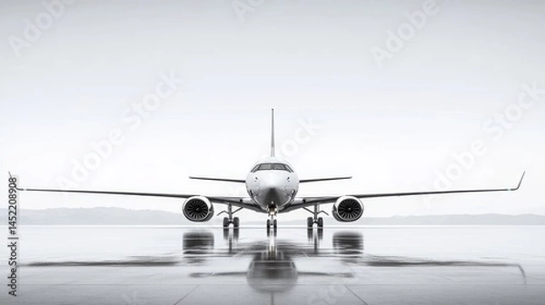 Fototapeta Front view of a modern airplane on a reflective runway, showcasing aviation design.