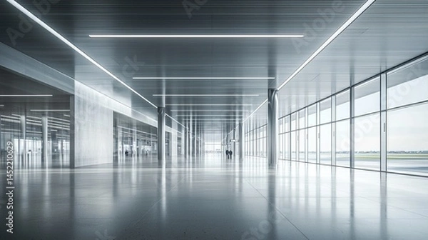 Fototapeta Modern interior of a sleek, minimalistic building with ample natural light.