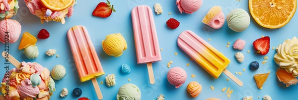 Fototapeta Summer background of ice cream, lollipops and other summer sweets, decorated with bright flowers and creating a light, airy atmosphere.
