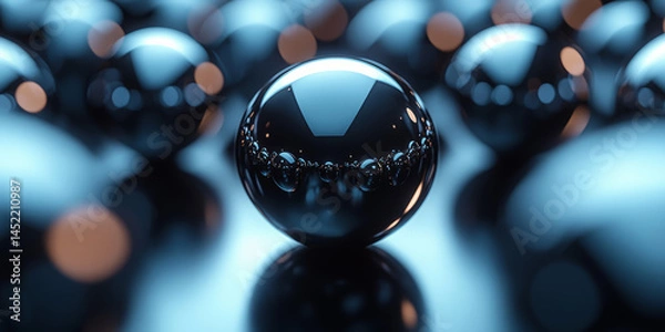 Fototapeta Abstract futuristic background with metallic spheres and smooth gradients on a dark minimalist surface