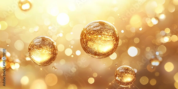 Fototapeta Cosmetic serum texture with floating golden bubbles, soft highlights, and glowing reflections