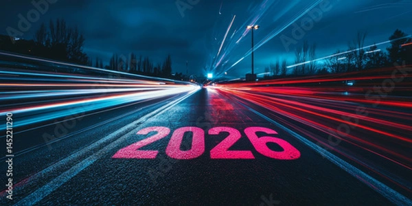 Fototapeta Dark highway illuminated by light trails and 2026 glowing on the asphalt