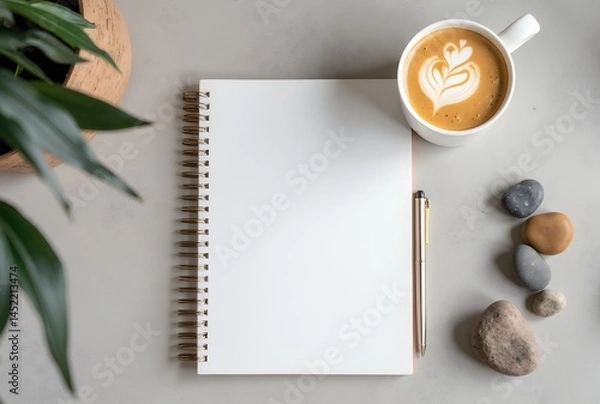 Fototapeta coffeebreak-notepad-stones-plant-workspace-flatlay-minimal-desk-setup
