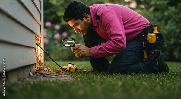 Fototapeta Pest control technician inspecting a building with a magnifying glass.