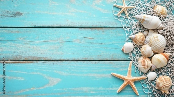 Fototapeta Seashells and starfish arranged on a vibrant turquoise wooden background, creating a tranquil coastal vibe perfect for summer-themed projects or beach-inspired designs.