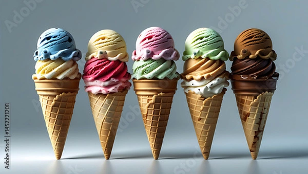 Fototapeta Five Delicious Ice Cream Cones in a Row