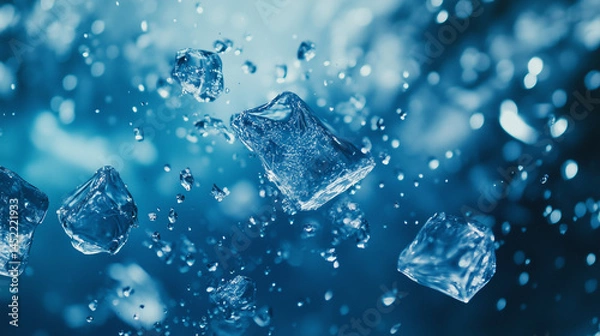 Obraz Ice cubes with the water drops creating refreshing and an icy effect on the soft blue background