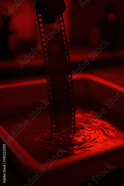 Fototapeta Moody analog film strip developing under red darkroom light