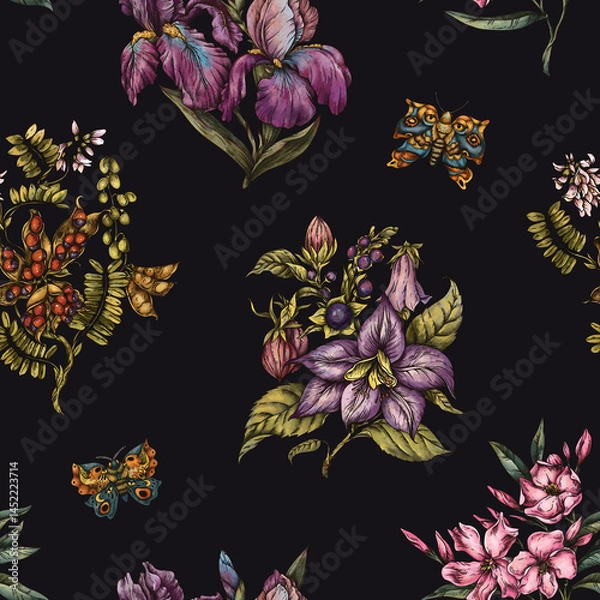 Obraz Vintage Botanical Pink Flowers Seamless Pattern, Romantic Flora